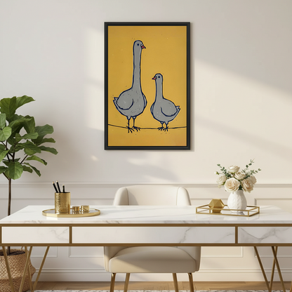 Unframed whimsical goose pair canvas wall art beside a bedroom, featuring two gray geese on a simple line.