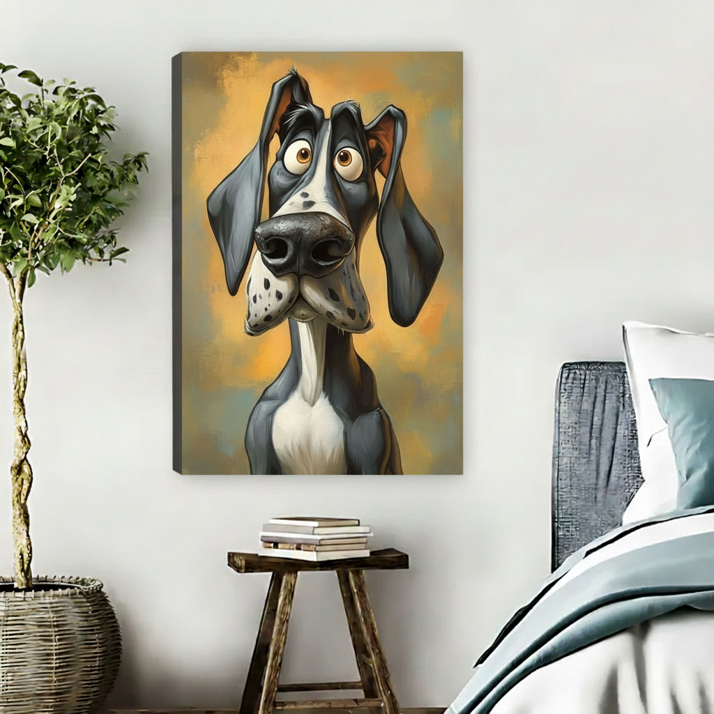 Gallery-wrap whimsical Great Dane dog canvas print displayed on bedroom wall above side table