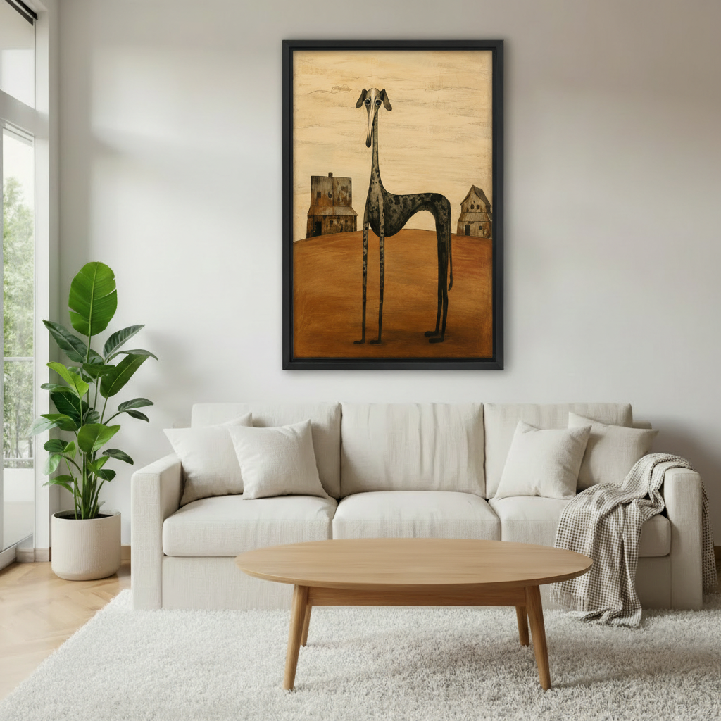 Whimsical greyhound dog folk art canvas wall art displayed in modern living room – surreal rustic home decor