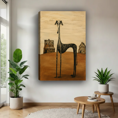 Whimsical long-legged greyhound dog canvas art print unframed – surreal folk art wall decor for home