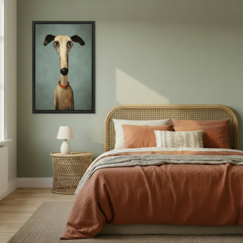 Framed whimsical greyhound portrait canvas above bed, vintage dog wall art with red collar sage green bedroom boho decor