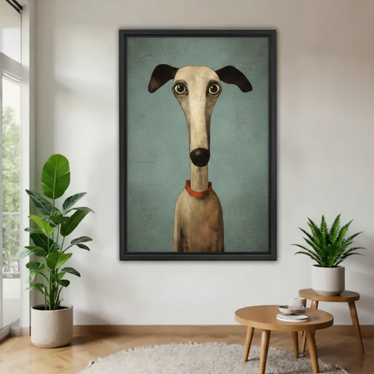 Whimsical greyhound portrait framed canvas wall art in entryway with plants, quirky dog print teal blue background home decor