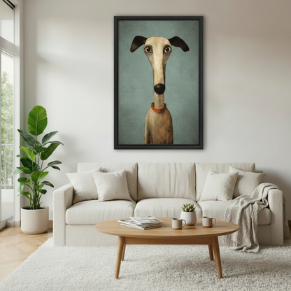 Whimsical greyhound portrait framed canvas wall art above sofa, quirky vintage dog print with red collar teal background living room decor