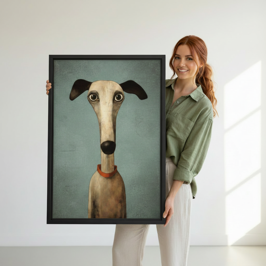 Woman holding large framed whimsical greyhound portrait canvas print, quirky vintage dog wall art with red collar teal background