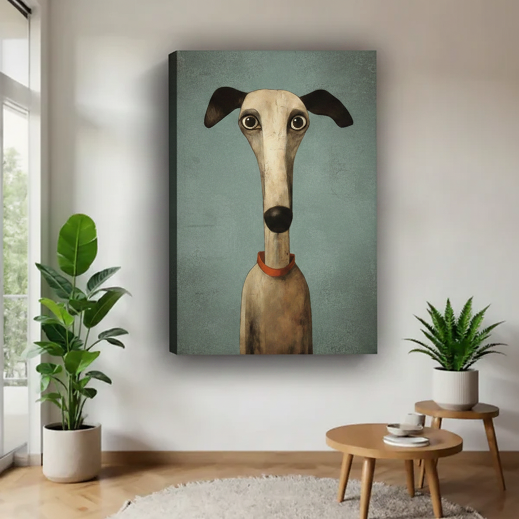 Greyhound portrait gallery wrap canvas wall art with plants, whimsical vintage dog print unframed red collar teal background
