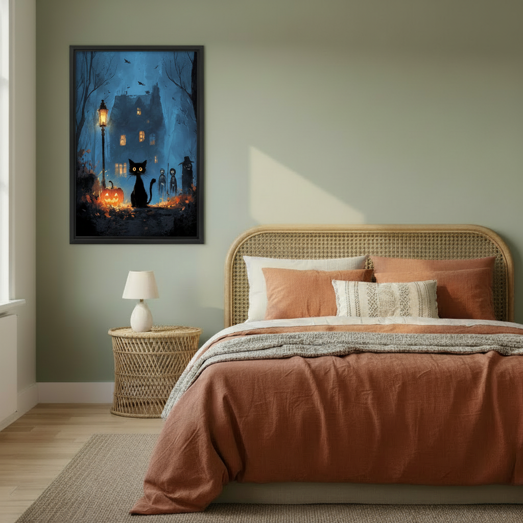 Whimsical Halloween black cat canvas wall art centered above a white sofa in an airy living room.