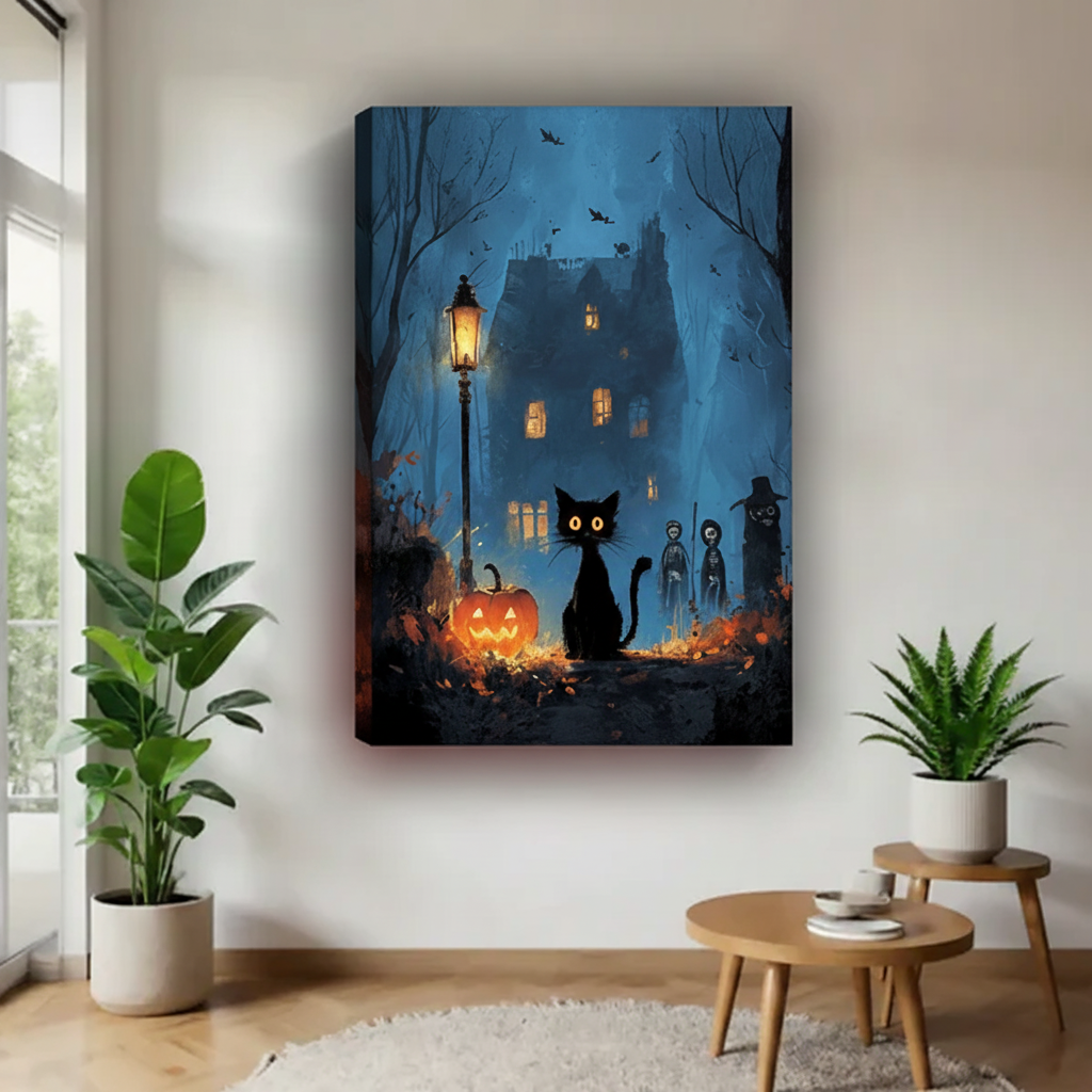 himsical Halloween black cat canvas wall art shown as a textured gallery-wrap piece with deep blue edges.