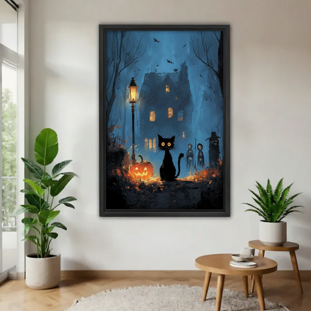 Whimsical Halloween black cat canvas wall art displayed above a coffee table in a bright contemporary living room.