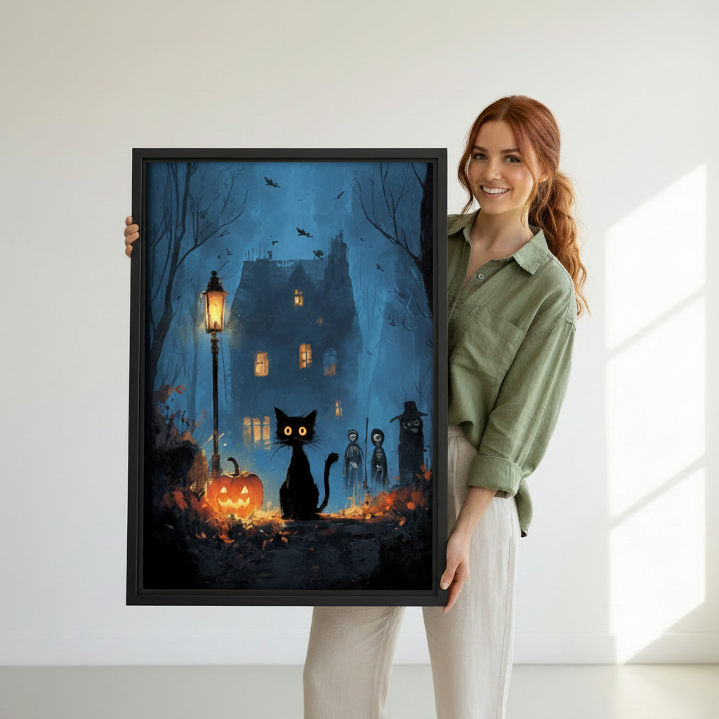 Woman holding whimsical Halloween black cat canvas wall art to show its framed scale and spooky details.