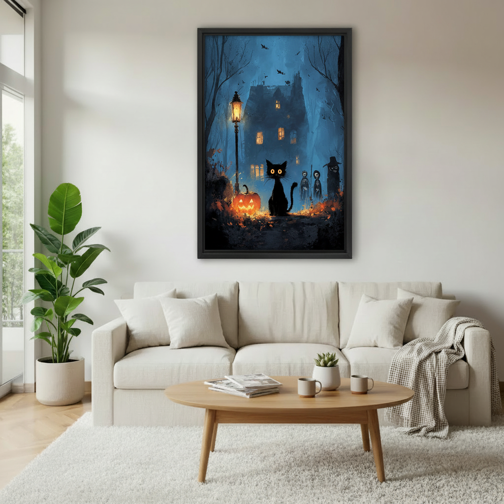 Whimsical Halloween black cat canvas wall art centered above a white sofa in an airy living room.
