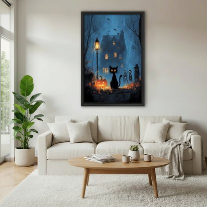 Whimsical Halloween black cat canvas wall art centered above a white sofa in an airy living room.