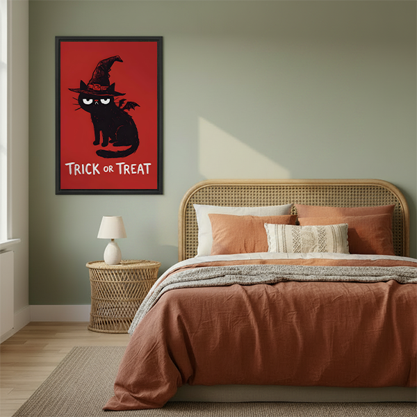 A woman holds framed Halloween cat canvas wall art with a black cat, witch hat, small bat wings, and red lettering.