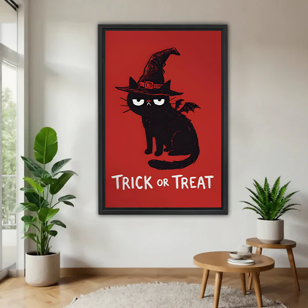 Whimsical Halloween cat canvas wall art with a witch hat and Trick or Treat lettering on a red canvas.