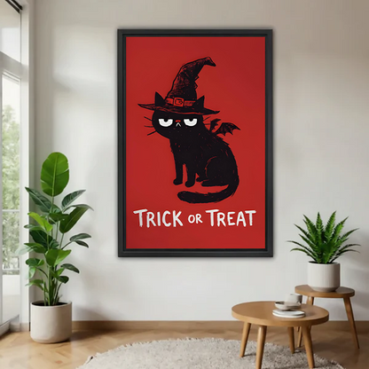 Whimsical Halloween cat canvas wall art with a witch hat and Trick or Treat lettering on a red canvas.