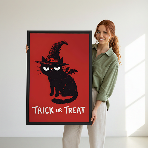 Framed whimsical Halloween cat wall art brightens a room with a black witch cat, red background, and Trick or Treat text.