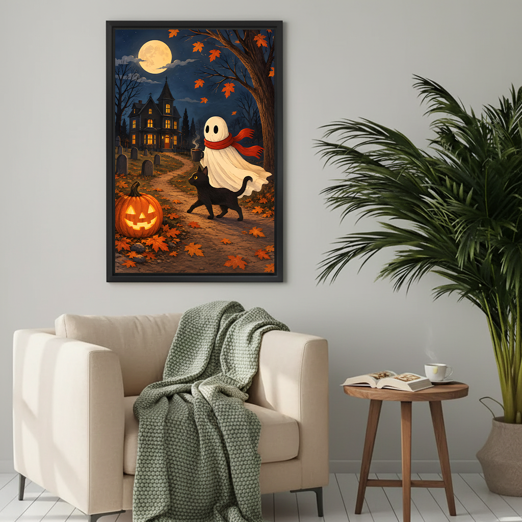 Halloween ghost and black cat canvas wall art above a cream armchair with blanket
