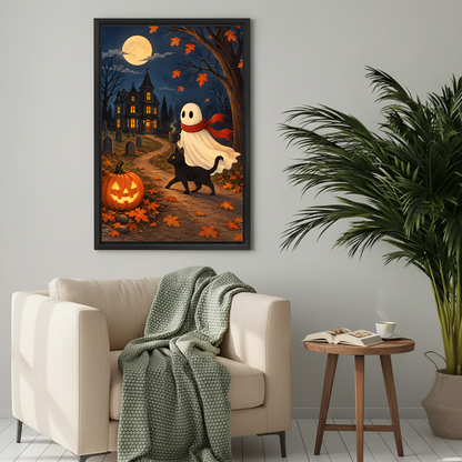 Halloween ghost and black cat canvas wall art above a cream armchair with blanket
