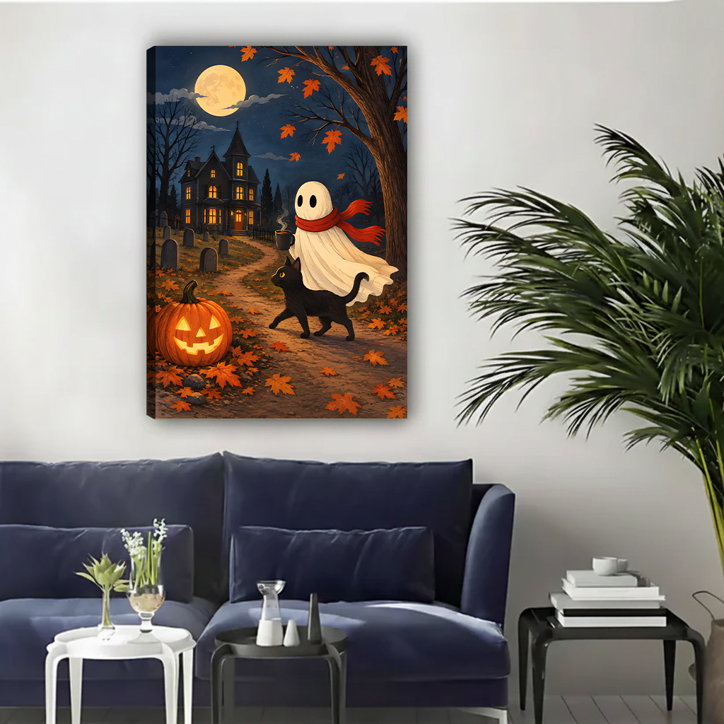 Halloween ghost and black cat canvas wall art displayed in a framed home office scene