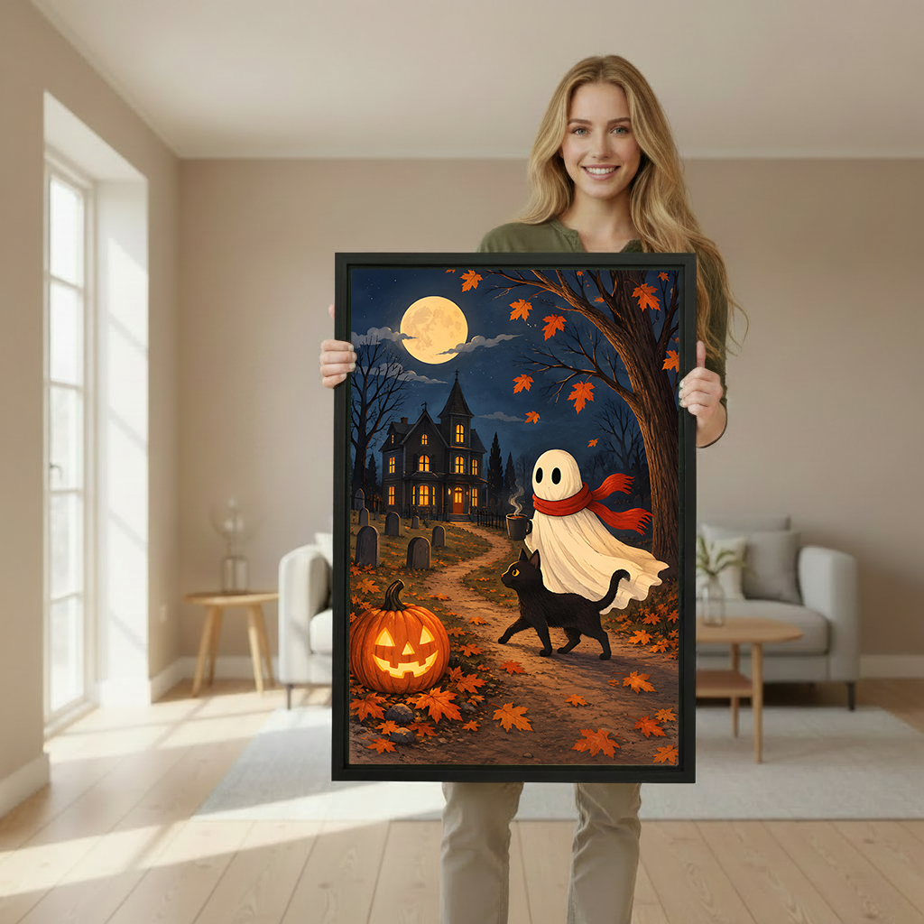 Whimsical Halloween canvas wall art showing ghost, cat, pumpkin, and autumn leaves above sofa