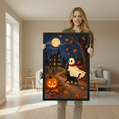 Whimsical Halloween canvas wall art showing ghost, cat, pumpkin, and autumn leaves above sofa