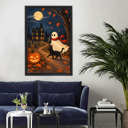 Whimsical Halloween ghost canvas wall art with black cat and pumpkin above a navy sofa