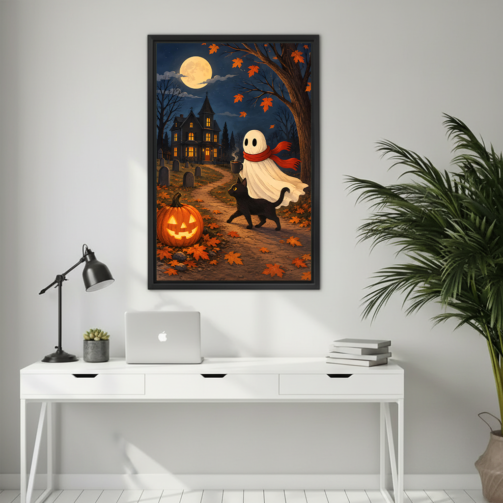Framed Halloween ghost canvas wall art held by a woman in a bright living room