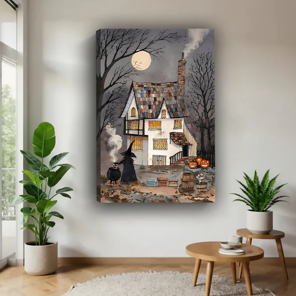 Gallery-wrap haunted house canvas wall art features a moonlit cottage, bare trees, witch, and carved pumpkins.