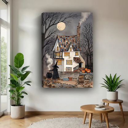 Gallery-wrap haunted house canvas wall art features a moonlit cottage, bare trees, witch, and carved pumpkins.