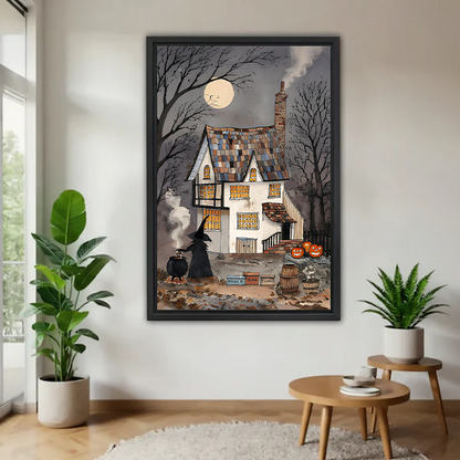 Whimsical haunted house canvas wall art in a black frame, with a witch, pumpkins, glowing windows, and full moon.