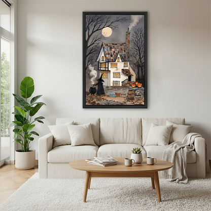 Framed folk-art haunted house wall art displays a crooked cottage, steaming chimney, bare branches, and glowing pumpkins.