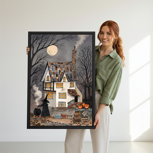 Haunted house canvas wall art hangs in a cozy bedroom, showing a moonlit cottage and Halloween pumpkins.