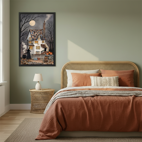 Haunted house canvas wall art brightens a living room, with colorful windows, a witch, pumpkins, and a full moon.