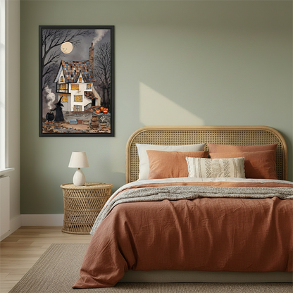 Haunted house canvas wall art brightens a living room, with colorful windows, a witch, pumpkins, and a full moon.