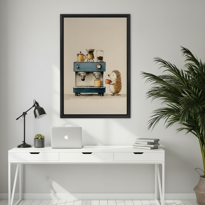 Woman holding a large framed whimsical hedgehog barista art print to demonstrate print size in a bright Scandinavian-style interior