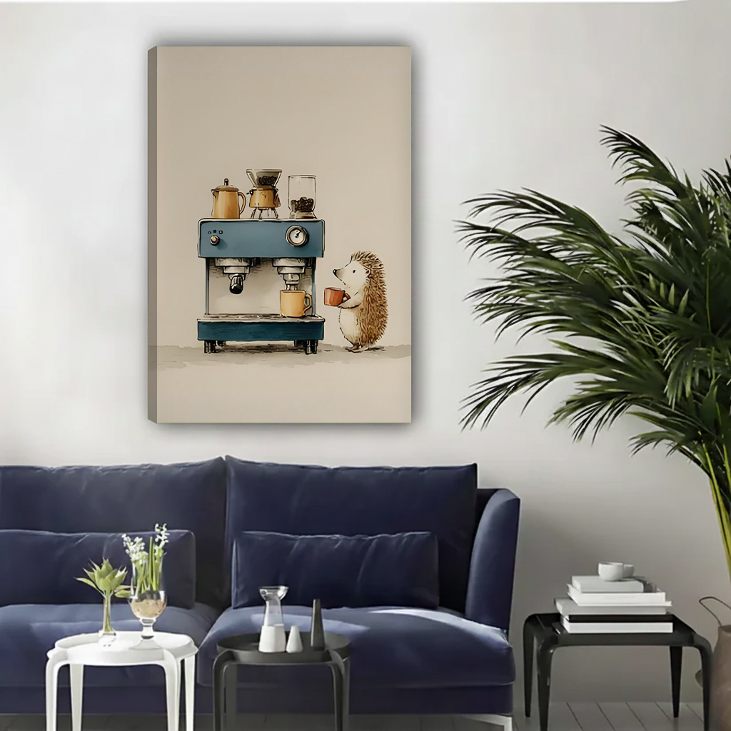Unframed whimsical hedgehog barista gallery-wrap canvas print with beige background hung above a navy sofa in a contemporary living room