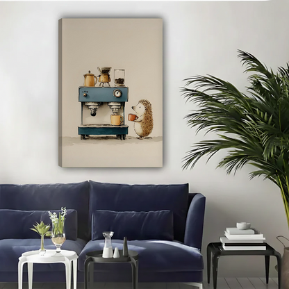 Unframed whimsical hedgehog barista gallery-wrap canvas print with beige background hung above a navy sofa in a contemporary living room