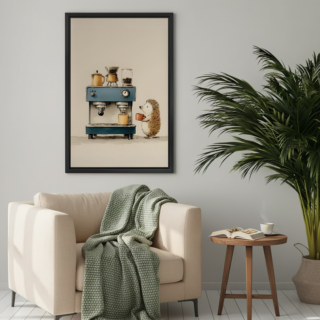 Whimsical hedgehog barista framed canvas print on a light grey wall above a cream armchair with a green knit throw in a cosy living room