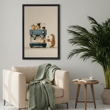 Whimsical hedgehog barista framed canvas print on a light grey wall above a cream armchair with a green knit throw in a cosy living room