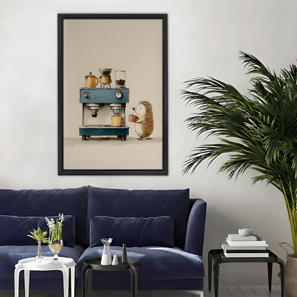 Whimsical hedgehog barista canvas wall art in black float frame displayed above a navy blue sofa in a modern living room