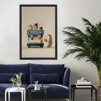 Whimsical hedgehog barista canvas wall art in black float frame displayed above a navy blue sofa in a modern living room
