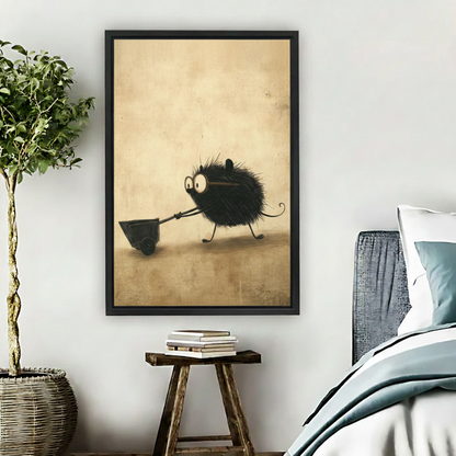 Black framed whimsical hedgehog wheelbarrow wall art hanging above wooden stool in cozy bedroom