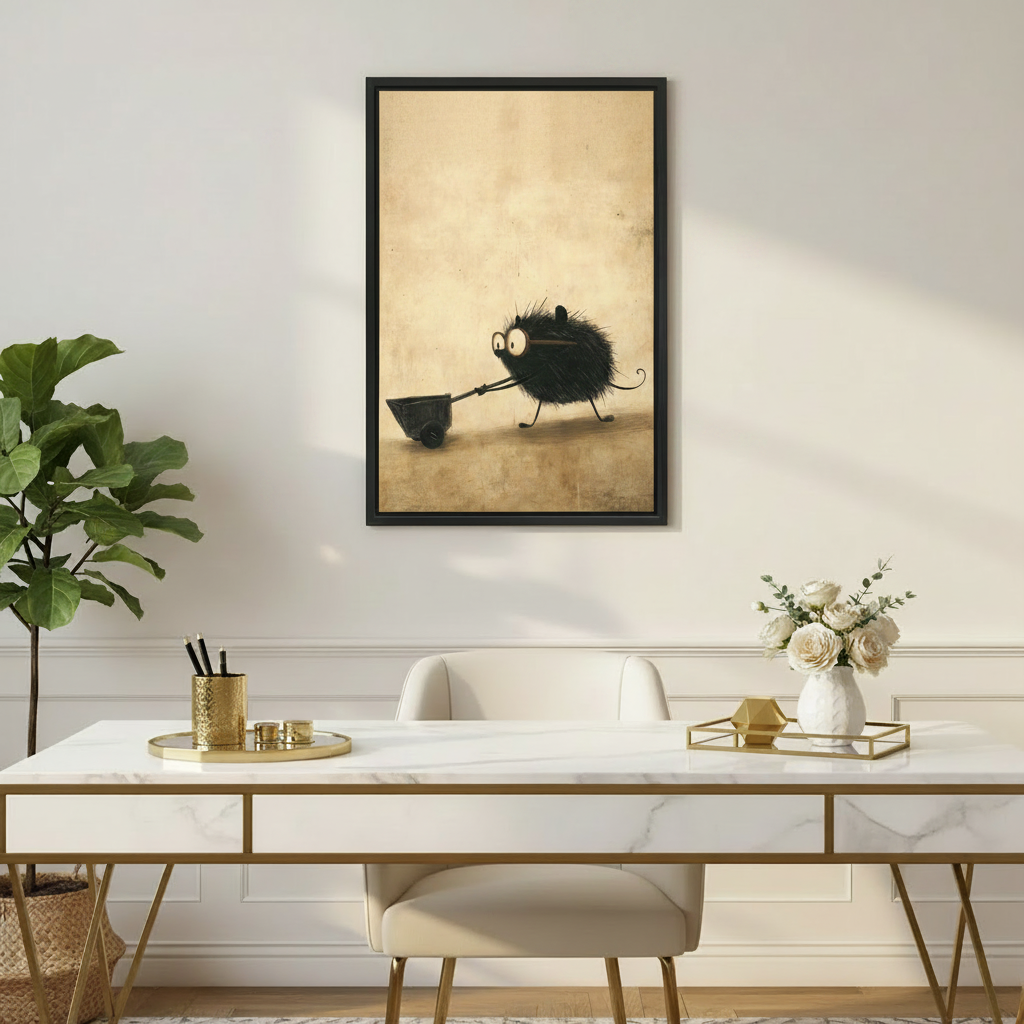 Framed vintage hedgehog wheelbarrow canvas print above marble desk in bright modern home office