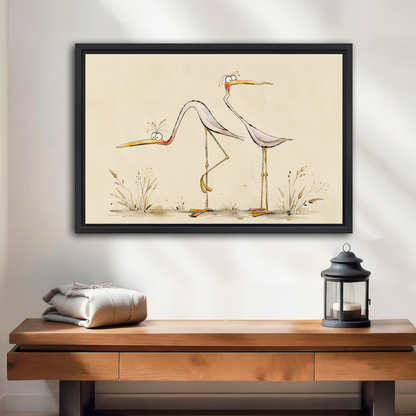 Whimsical heron duo black framed canvas wall art hanging above a wooden console table in a bright entryway