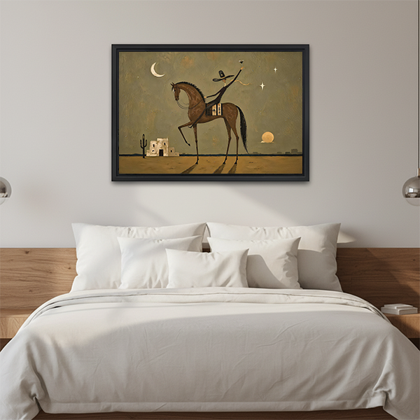 Framed horse rider canvas wall art in muted olive and ochre displayed above a white bed.