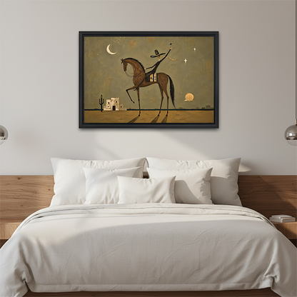 Framed horse rider canvas wall art in muted olive and ochre displayed above a white bed.