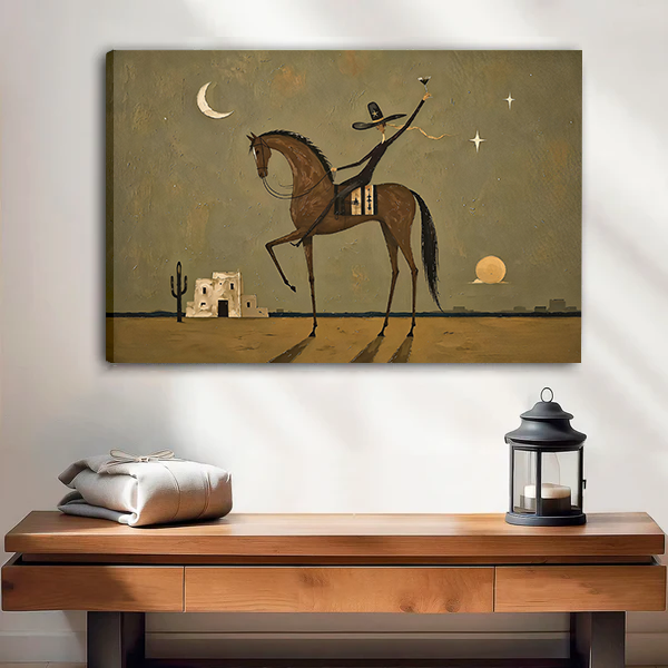 Gallery-wrap horse rider canvas wall art in earthy desert tones displayed above a wooden console.