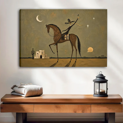 Gallery-wrap horse rider canvas wall art in earthy desert tones displayed above a wooden console.