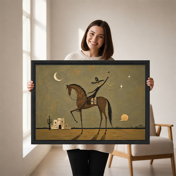 Woman holding framed horse rider canvas wall art featuring a brown horse, cactus and crescent moon.