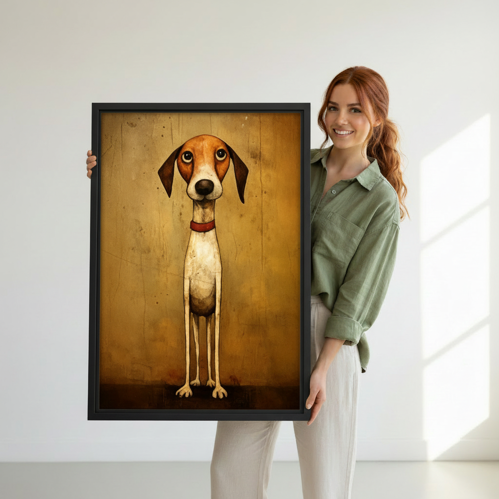 Woman holding whimsical hound framed canvas print — vintage dog wall art in black frame, size reference lifestyle photo