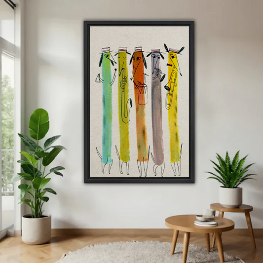 Whimsical jazz dog band framed canvas wall art with black frame displayed in modern living room